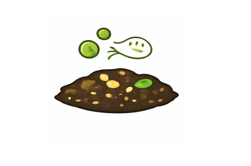 Cartoon depiction of a dirt pile with green peas and a vegetable with a face jumping in