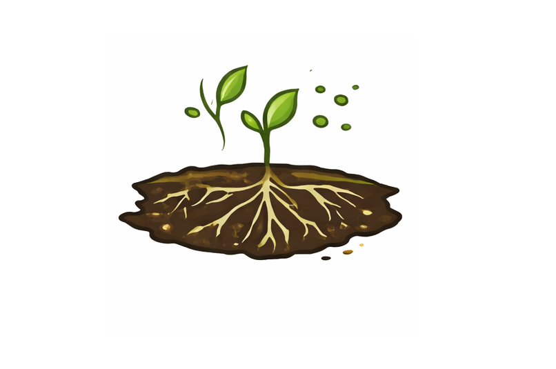 Illustration of a seedling sprouting from soil with roots and leaves.