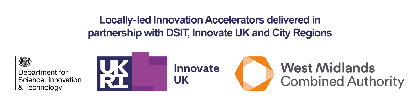 Logos for the Department for Science, Innovation & Technology, UKRI Innovate UK, and West Midlands Combined Authority, with text about locally-led innovation accelerators.