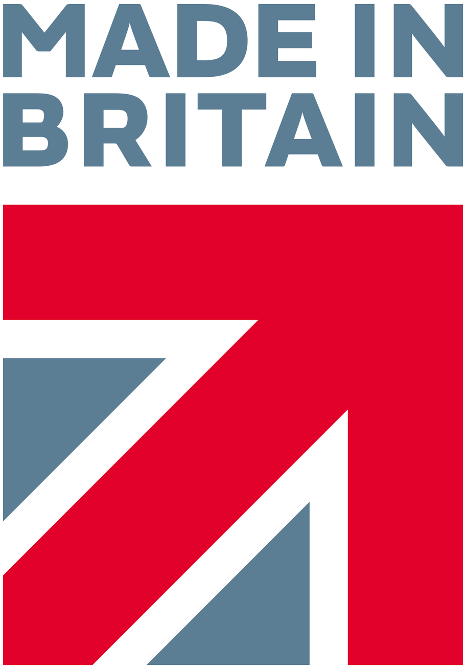 "Made in Britain" logo, featuring bold text and a stylized British flag design.