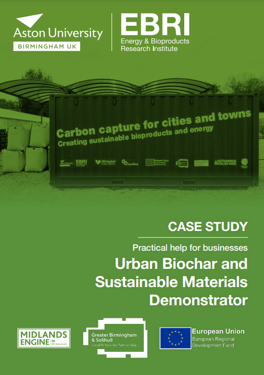 Poster featuring the Aston University Energy & Bioproducts Research Institute promoting carbon capture and urban biochar, with logos of supporting organizations like Midlands Engine and EU.