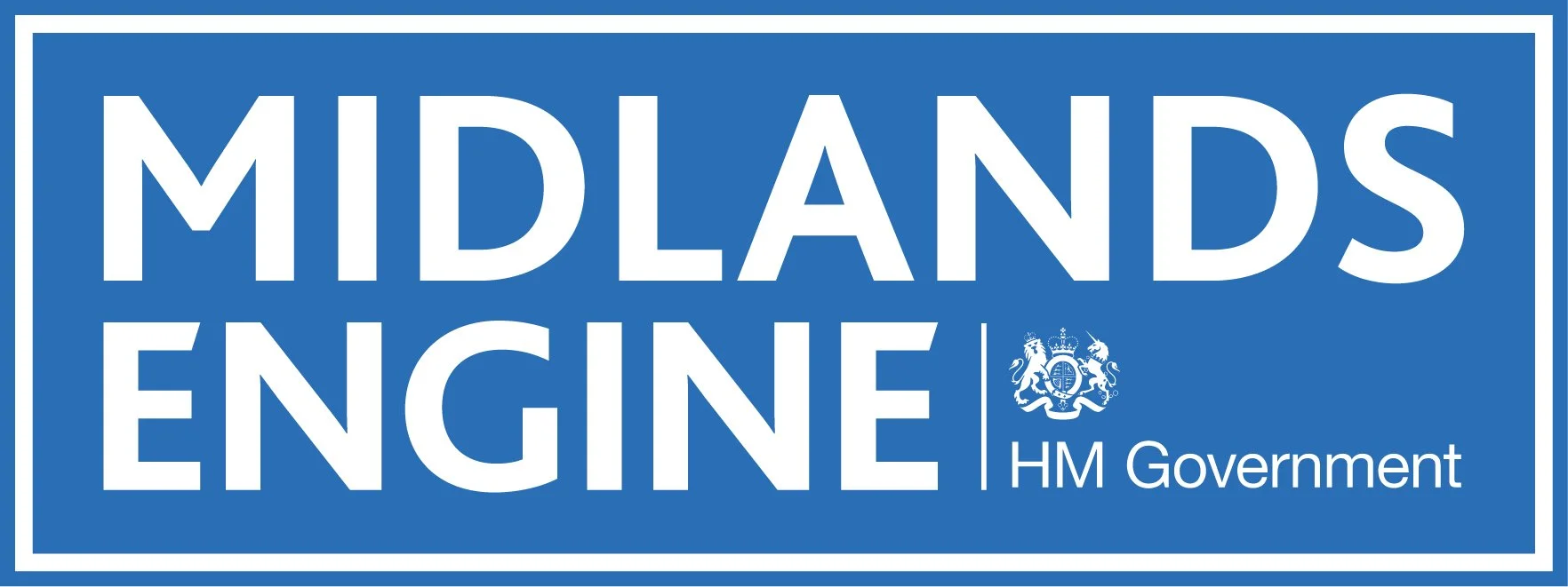 Midlands Engine HM Government logo in white text on blue background