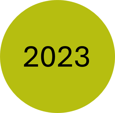 Green circle with the number 2023 in black text