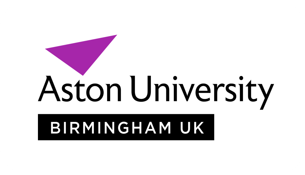 Aston University logo with a purple triangular accent above the name, followed by "Birmingham UK" in bold lettering.