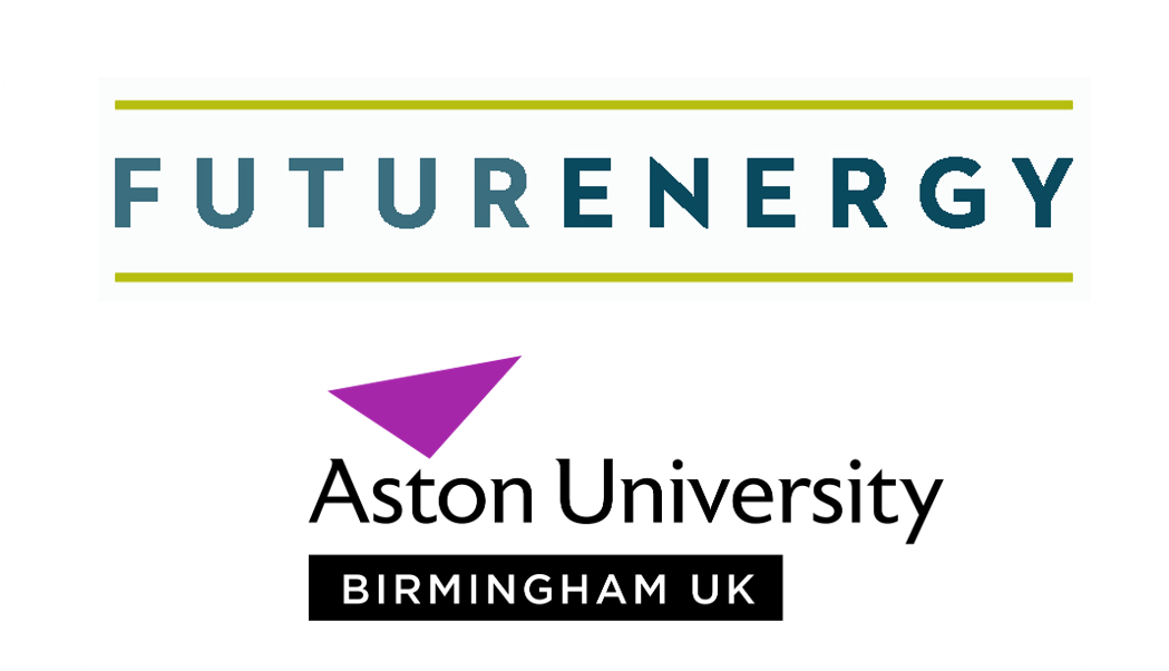 Logo for FutureEnergy, featuring the text 'Aston University Birmingham UK' with a purple arrow symbol.