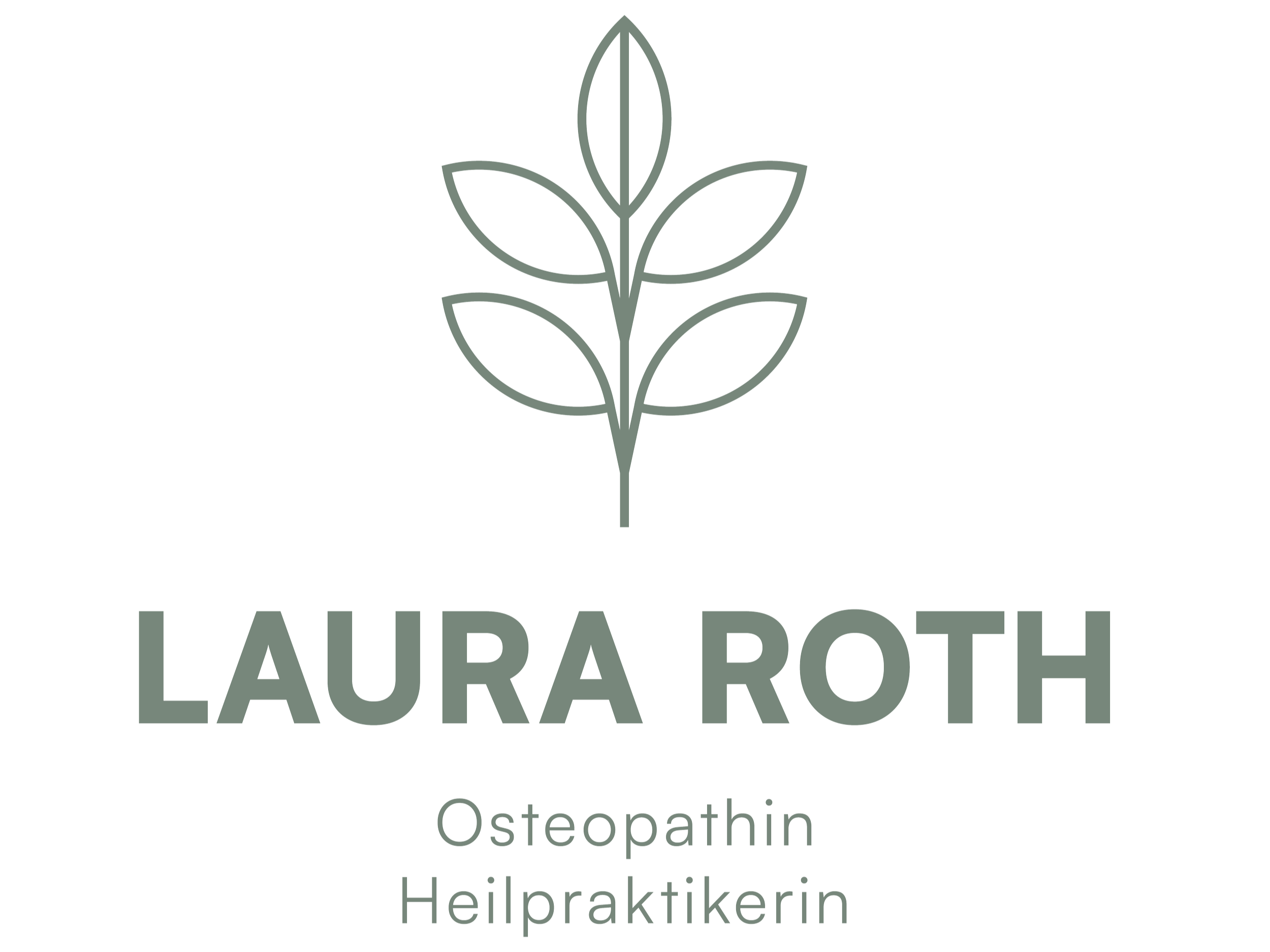 Logo mit Blatt-Symbol und Text 'Laura Roth, Osteopathin, Heilpraktikerin' auf schwarzem Hintergrund.