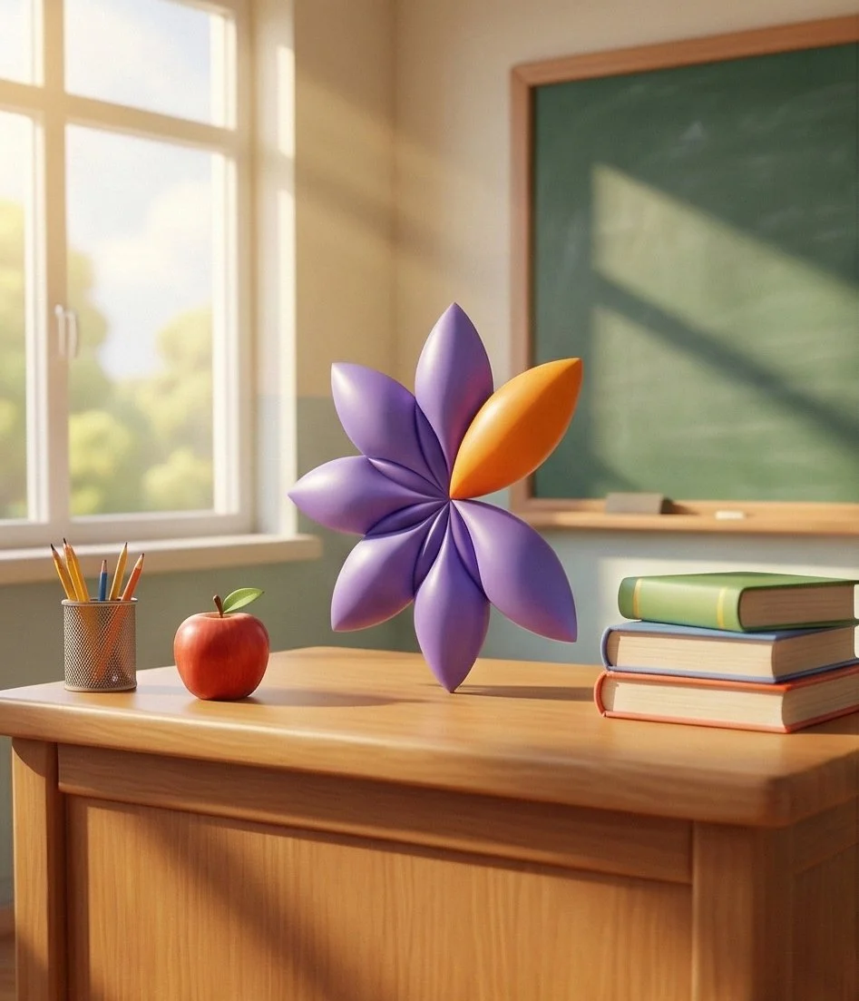 A classroom desk with a red apple, a container of colored pencils, and a stack of three books, with a large purple and orange origami flower sculpture in the center, in front of a window with sunlight and a green chalkboard in the background.