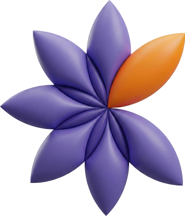 A colorful, abstract flower sculpture with multiple purple petals and one orange petal.