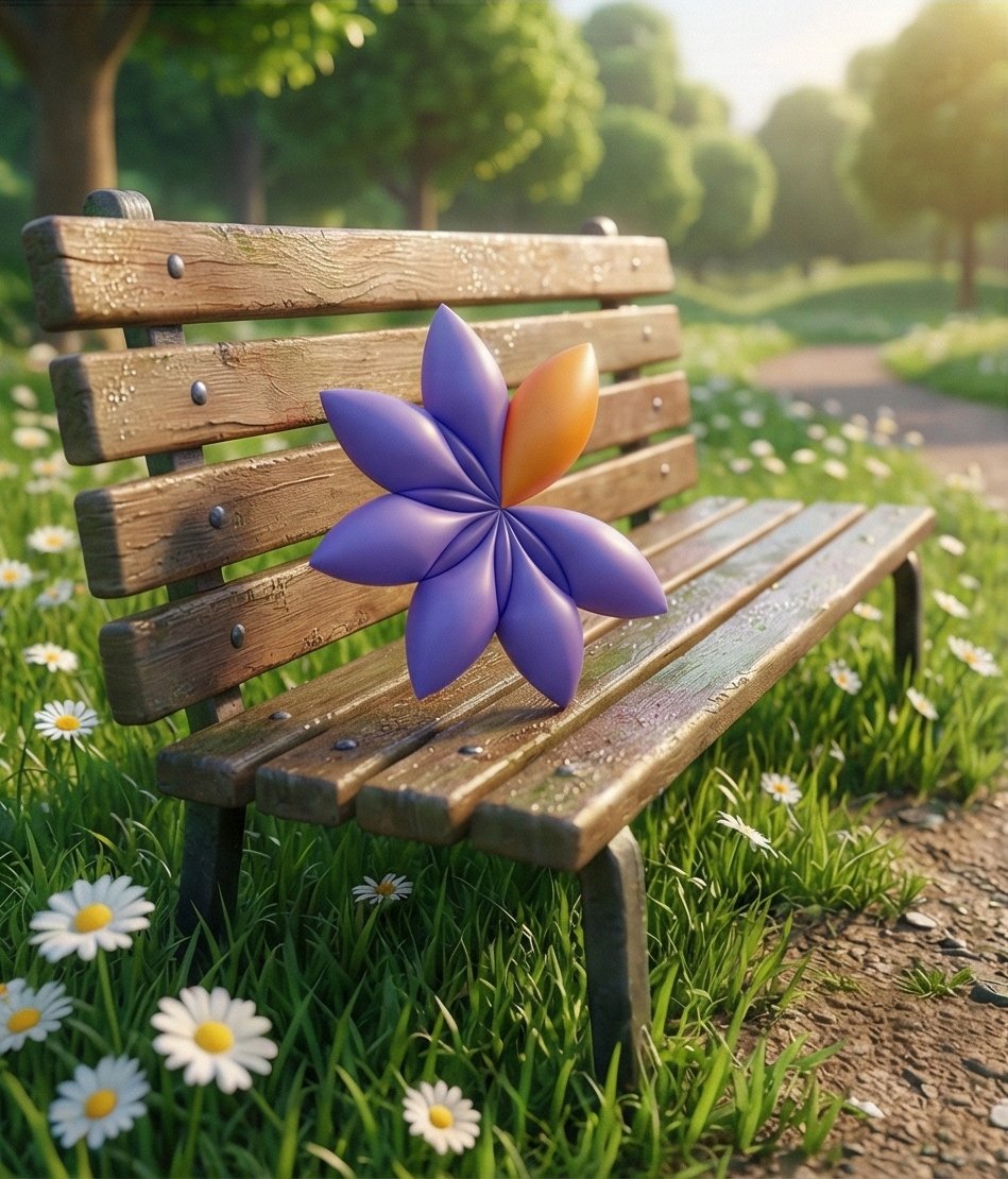 A wooden park bench with a purple and orange plastic flower resting on it, surrounded by white daisies in a grassy area with trees in the background during sunlight.