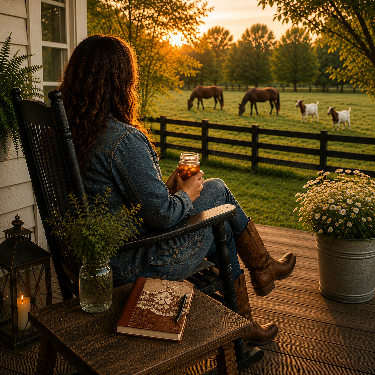 A woman with curly hair wearing a denim jacket and brown boots sitting on a porch rocking chair, holding a mason jar, watching horses and goats grazing in a fenced pasture at sunset, with potted plants and a journal on a small wooden table nearby.
