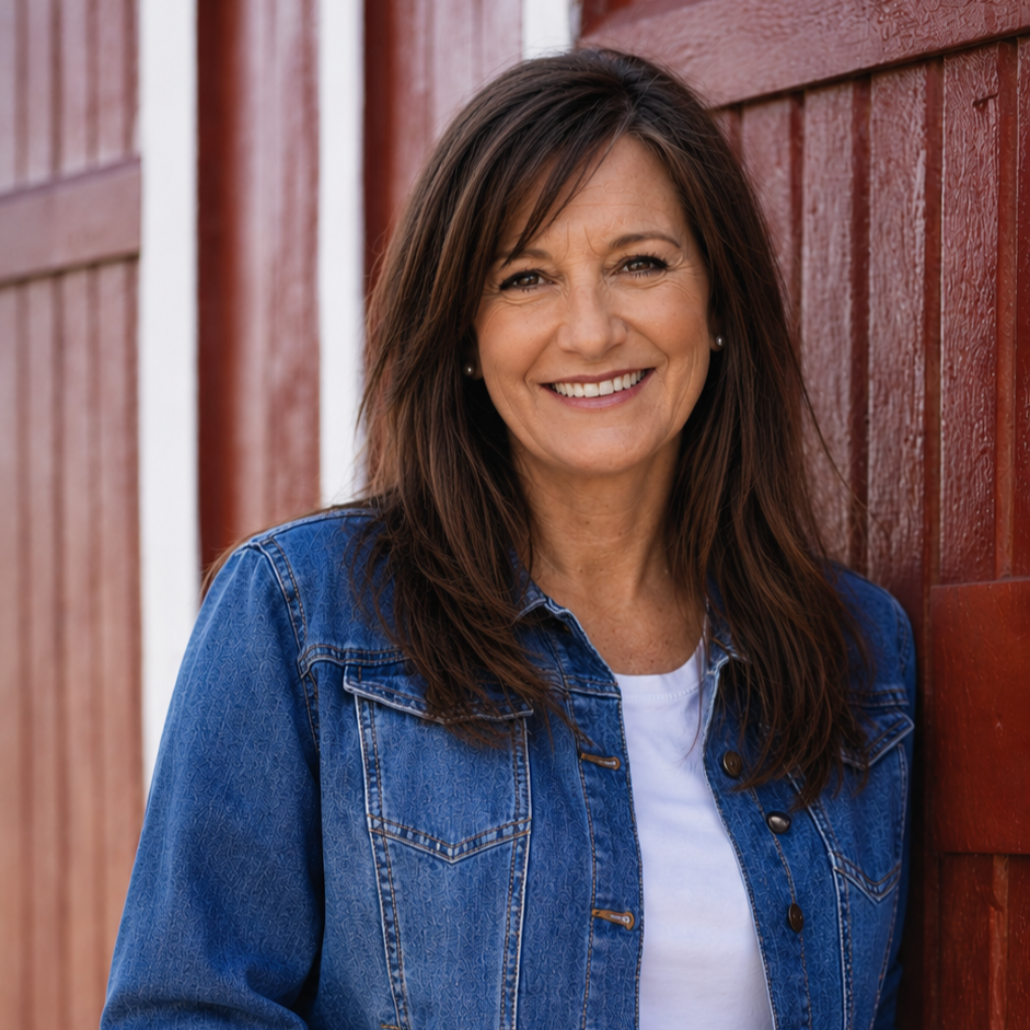 A woman with brown hair and a denim jacket smiling outdoors next to a red wooden fence.