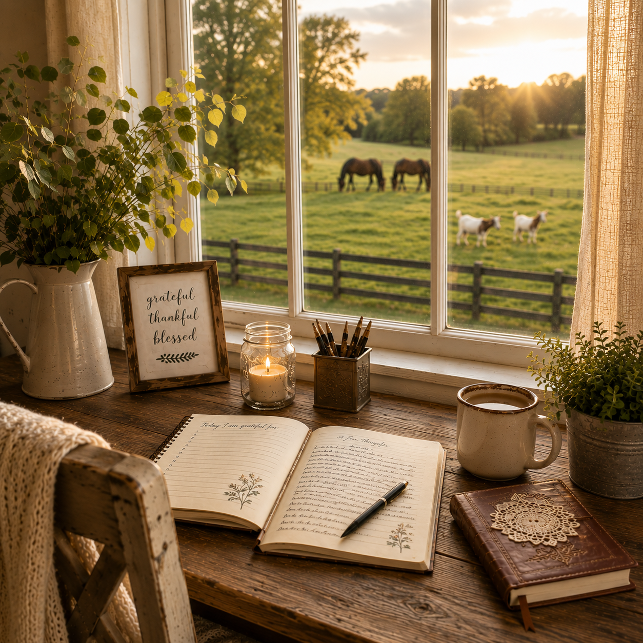 A cozy desk setup by a window showing a rural landscape with horses and goats at sunset. On the desk are a potted plant, a framed inspirational quote, a lit candle, a cup of coffee, an open gratitude journal, a closed journal with a lace doily, a pen, and a plant.