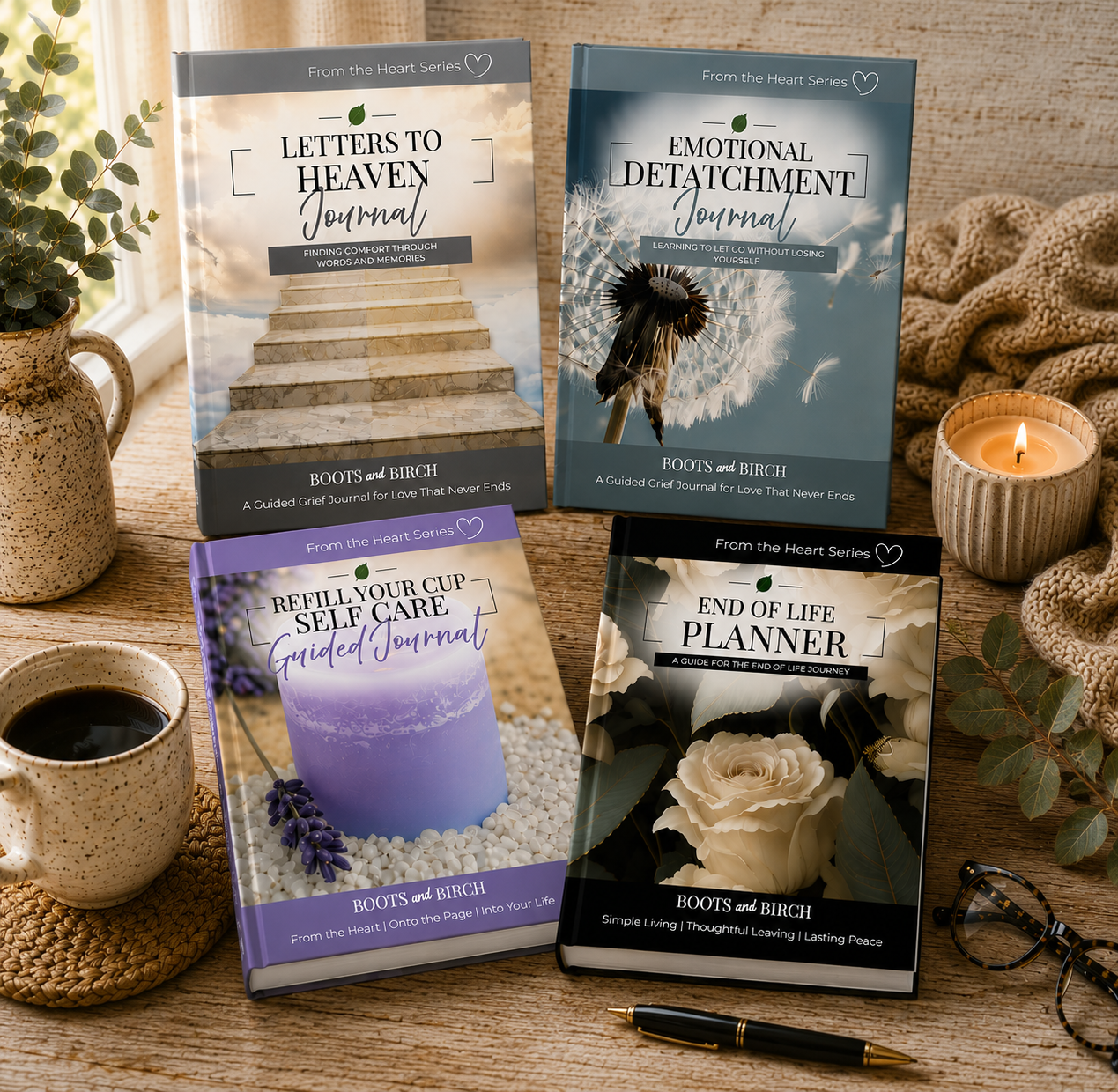 Four guided grief journals titled "Letters to Heaven," "Emotional Detachment," "Refill Your Cup Self Care," and "End of Life Planner" arranged on a wooden table, with a lit candle, coffee cup, glasses, a pen, a pine cone, eucalyptus leaves, and a beige knitted blanket nearby, illuminated by natural light.
