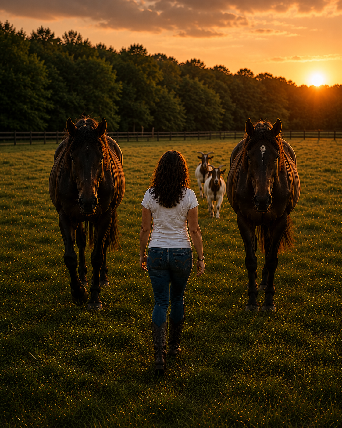 A woman walking on a grassy field with horses and goats during sunset.