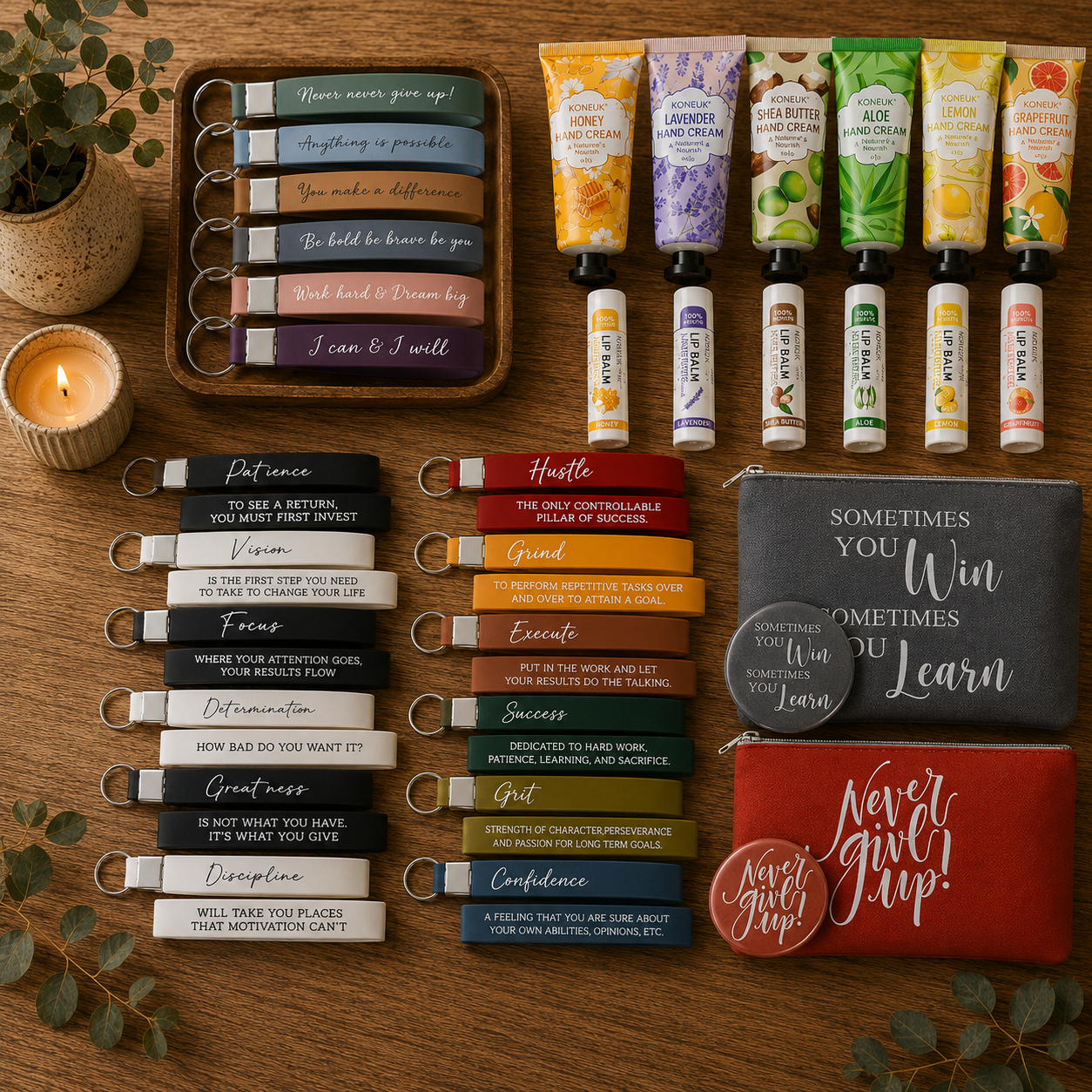 A collection of motivational and inspirational items on a wooden surface, including keychains with positive words, lip balm tubes, hand creams, small pouches with motivational quotes, a lit candle, and some greenery.
