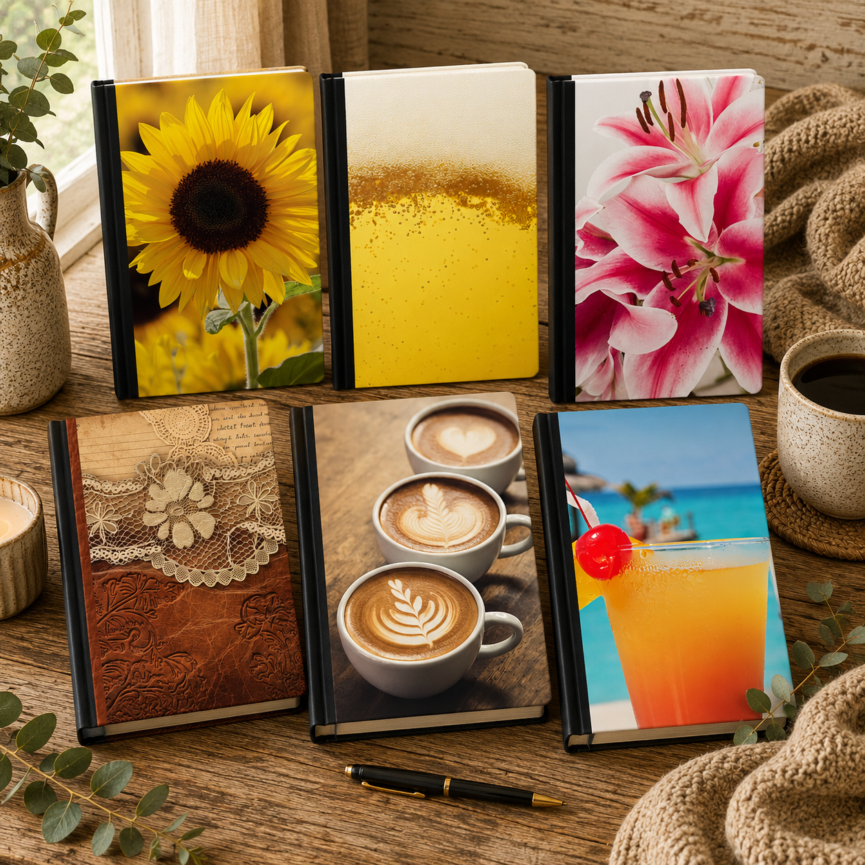 A collection of notebooks with flower-themed covers, cups of coffee with latte art, a colorful cocktail with a cherry, a vase with greenery, and a cozy knitted blanket arranged on a wooden table.