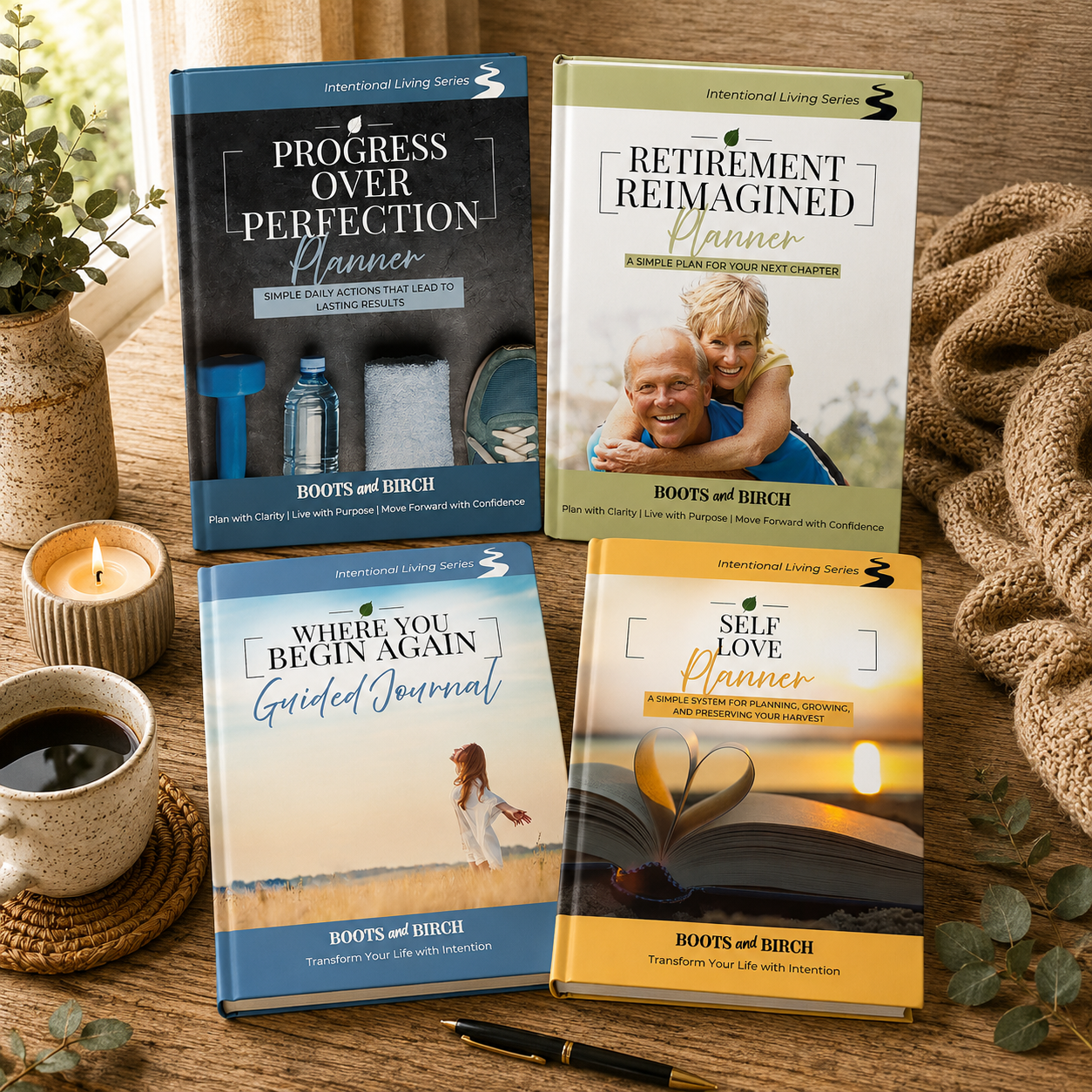 Four books from the 'Boots and Birch' series on a wooden table, surrounded by a lit candle, a cup of coffee, a pen, a plant in a pot, and a cozy blanket. The books are titled 'Progress Over Perfection', 'Retirement Reimagined', 'Where You Begin Again', and 'Self Love'.