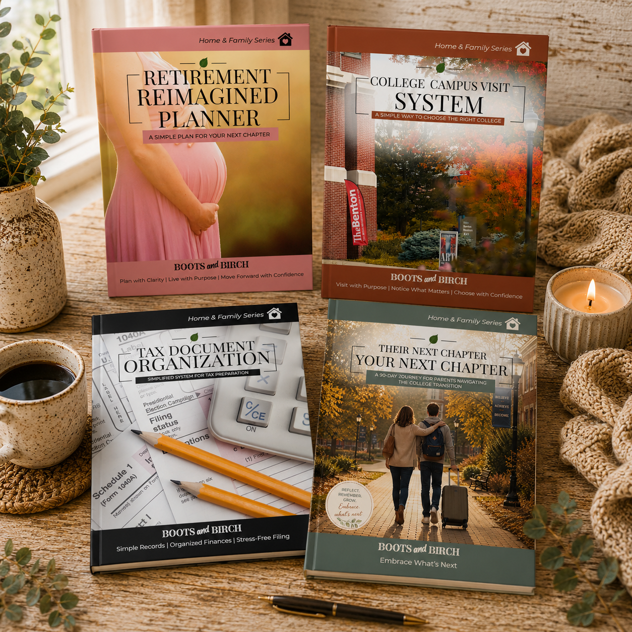 Four books from the Boots and Birch Home & Family Series arranged on a wooden table, with a coffee cup, a candle, a pen, and some greenery around them. The titles are: 'Retirement Reimagined Planner,' 'College Campus Visit System,' 'Tax Document Organization,' and 'Their Next Chapter Your Next Chapter.'