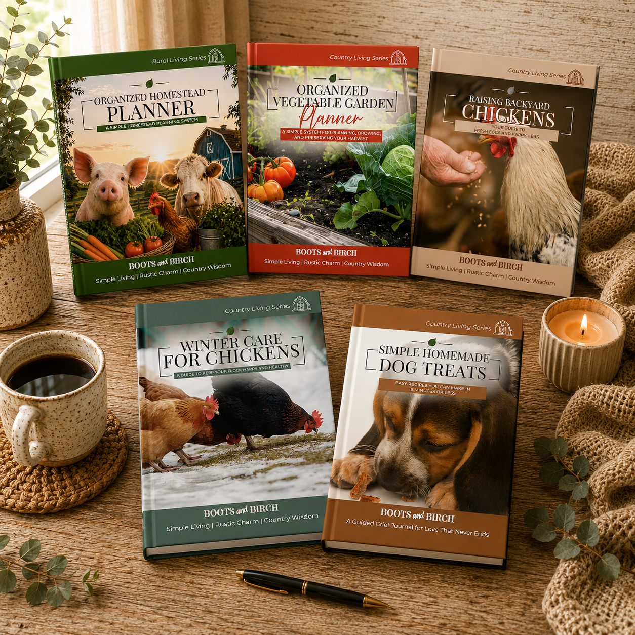 Six books about homesteading and rural living arranged on a wooden table, with a cup of coffee, a candle, a pen, and some decorative plants nearby.
