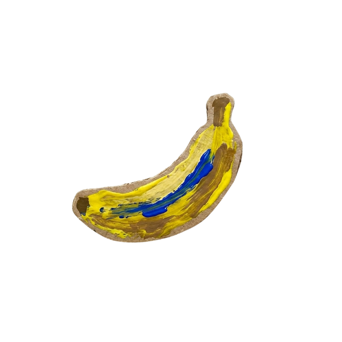 Eine bemalte Bananenschale mit gelben, blauen und braunen Strichen.