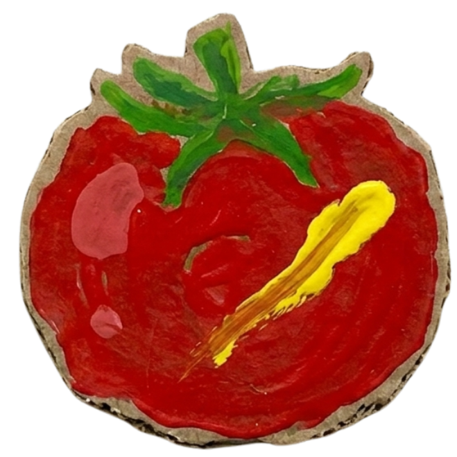 Gemaltes Bild einer Tomate mit grünen Blättern, roter Frucht, rosa Fleck und gelbem Strich.