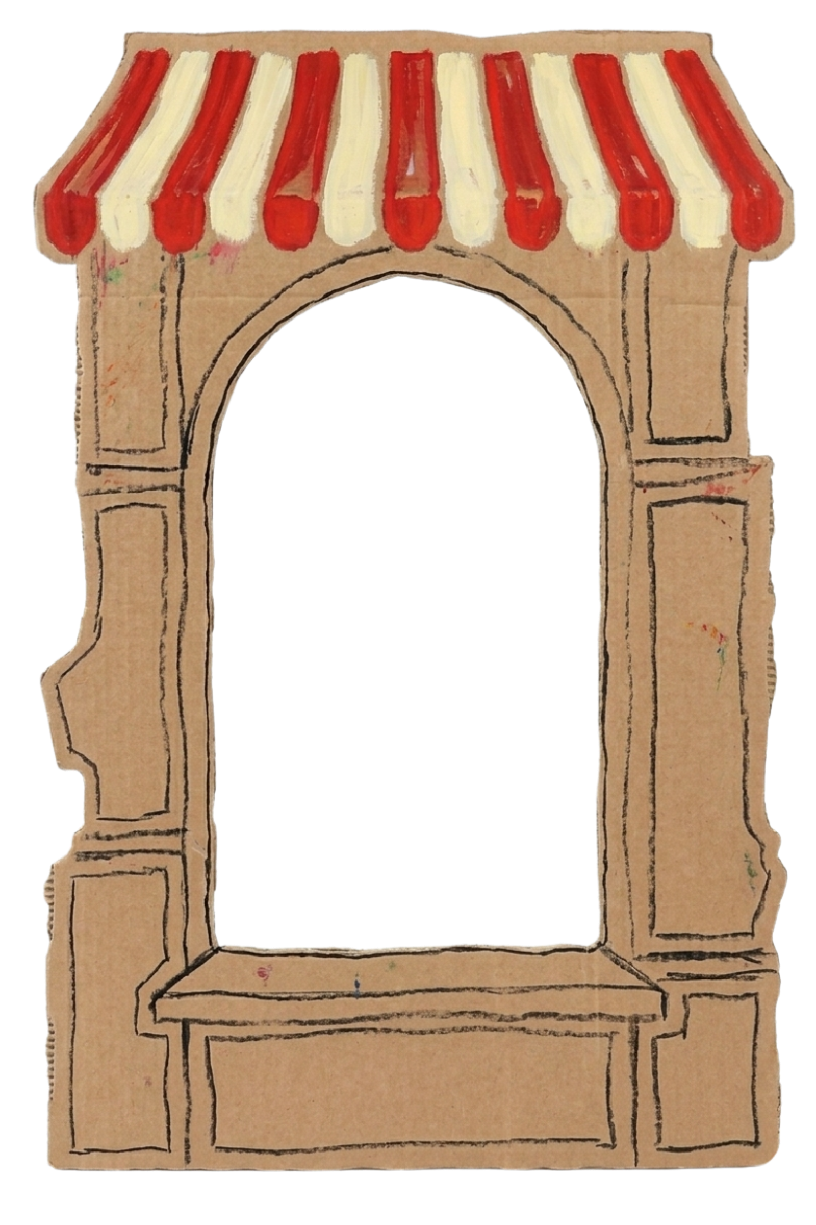 Marktstand: Handgezeichnetes Arrangement eines Fensterrahmens mit roten und weißen Streifen, auf braunem Karton. Der Rahmen hat eine bogenförmige Öffnung in der Mitte, umgeben von fanglinienartigen Details an den Seiten.