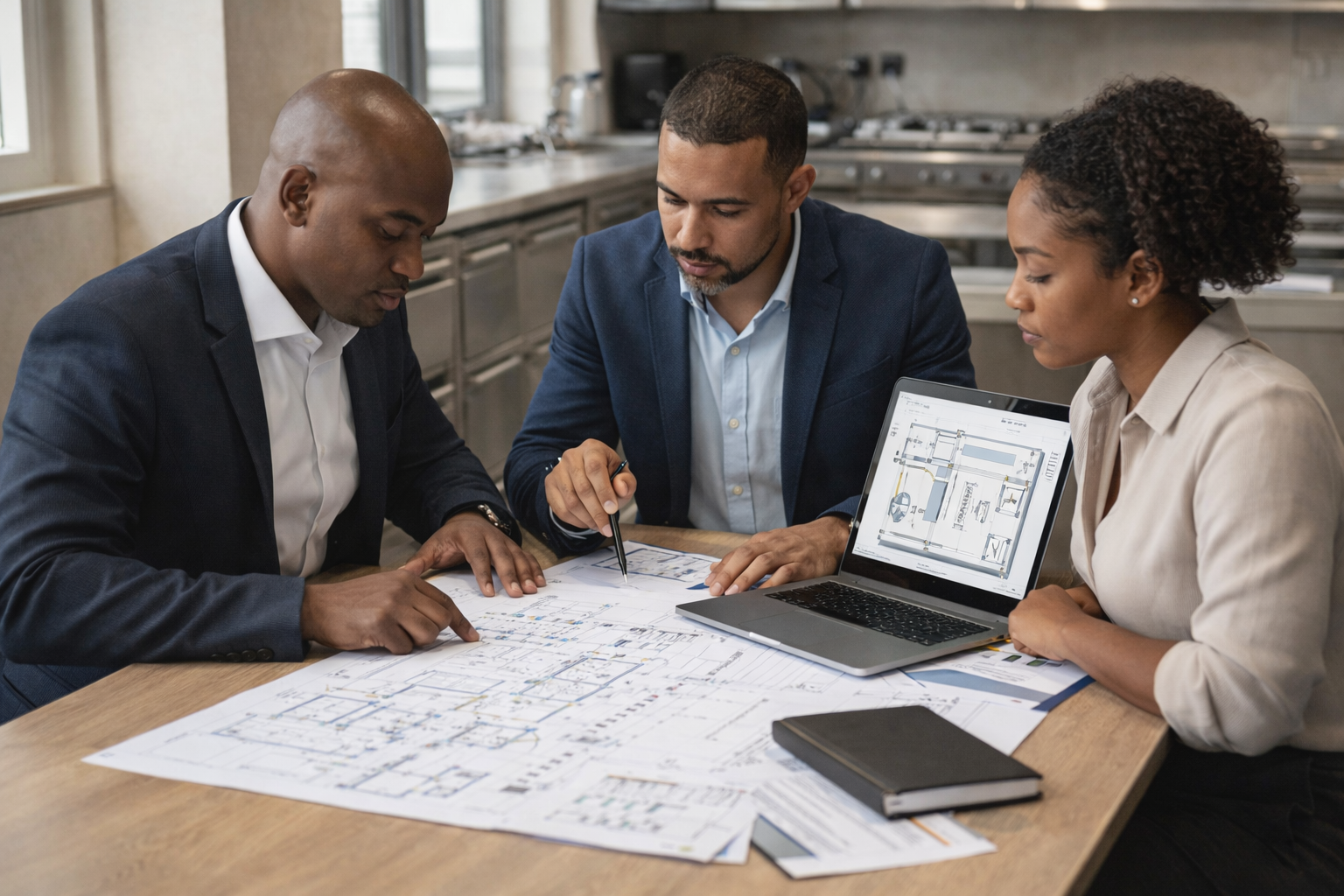 Trois personnes d'origine diverse collaborant autour de plans architecturaux dans une cuisine moderne.