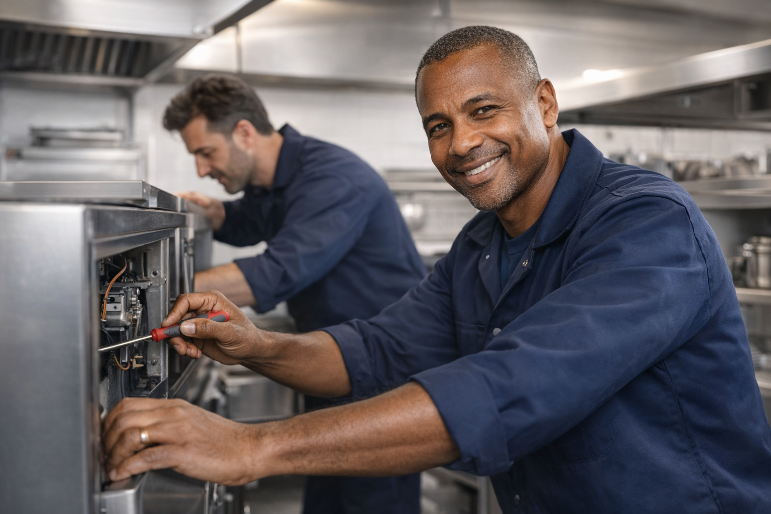 Deux hommes travaillent dans une cuisine industrielle, réparant des appareils électroménagers avec des outils, souriants.