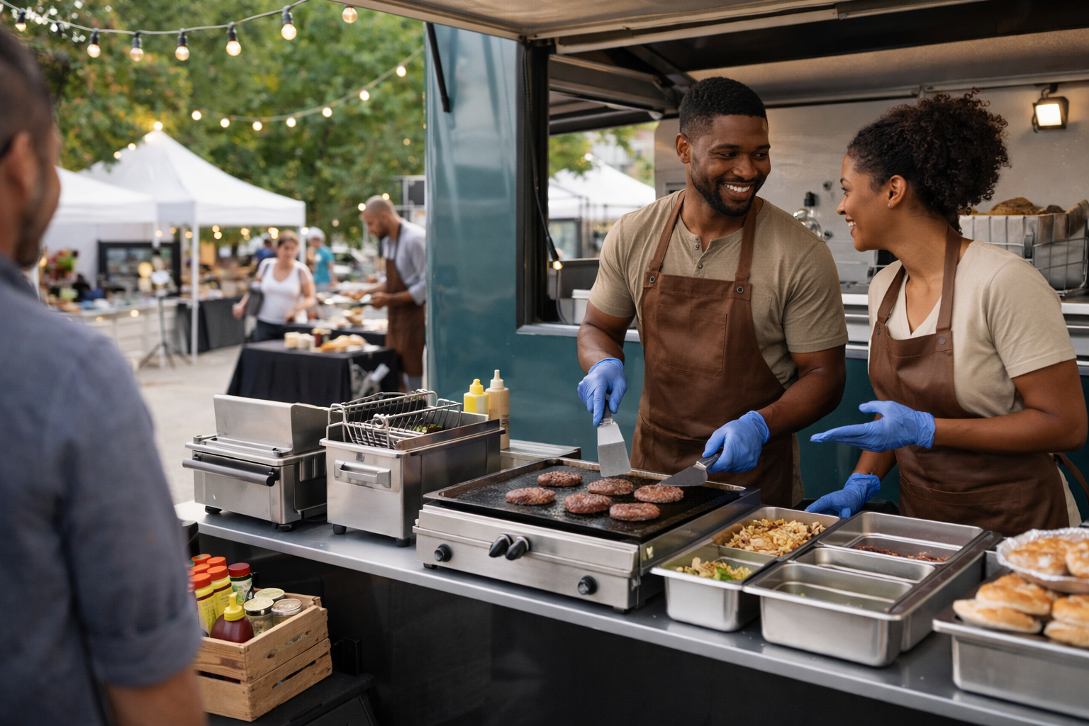Deux vendeurs de nourriture, un homme et une femme, cuisinent des hamburgers sur une grille dans une station de restauration lors d'un marché en plein air, souriants et portant des gilets en latex bleus. En arrière-plan, d'autres stands de marché avec des clients et des éclairages suspendus.