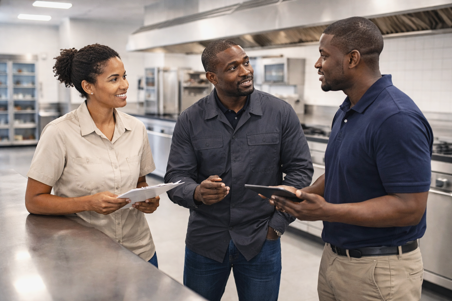 Trois personnes discutent dans une cuisine professionnelle, deux hommes et une femme, tenant des tablettes et des notes, souriant et engagés dans la conversation.