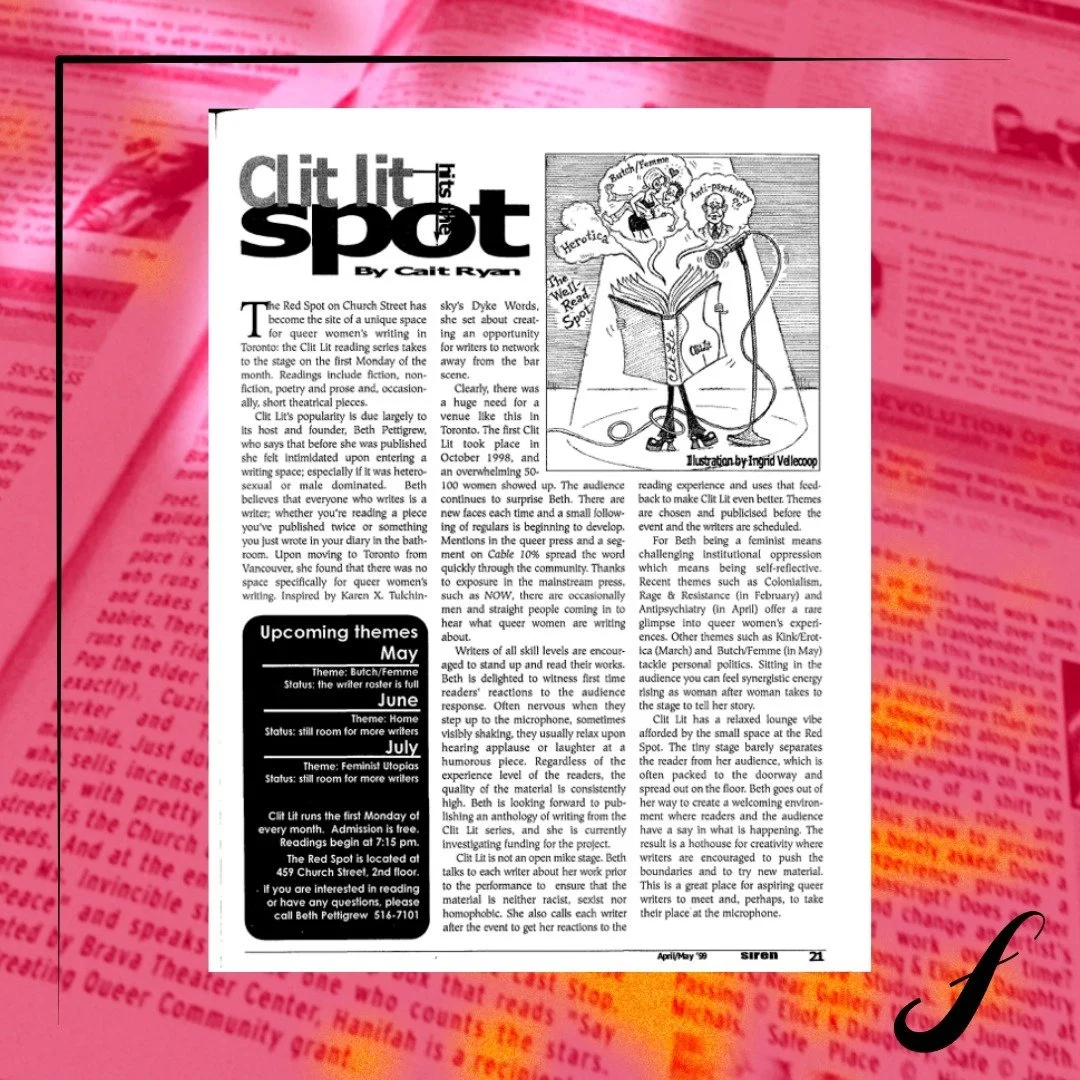Inspired by Vancouver's "Dyke Words" and started in Toronto in 1998, Clit Lit was a queer women writers' reading series initiated by @elizabethruthauthor (pictured on slide 2!) and hosted at The Red Spot. Often described as the "only&q