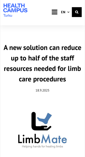 Health Campus Turku website homepage with a headline about reducing staff resources for limb care procedures, date September 18, 2025, and a logo for LimbMate with a graphic of a hand supporting a leg.