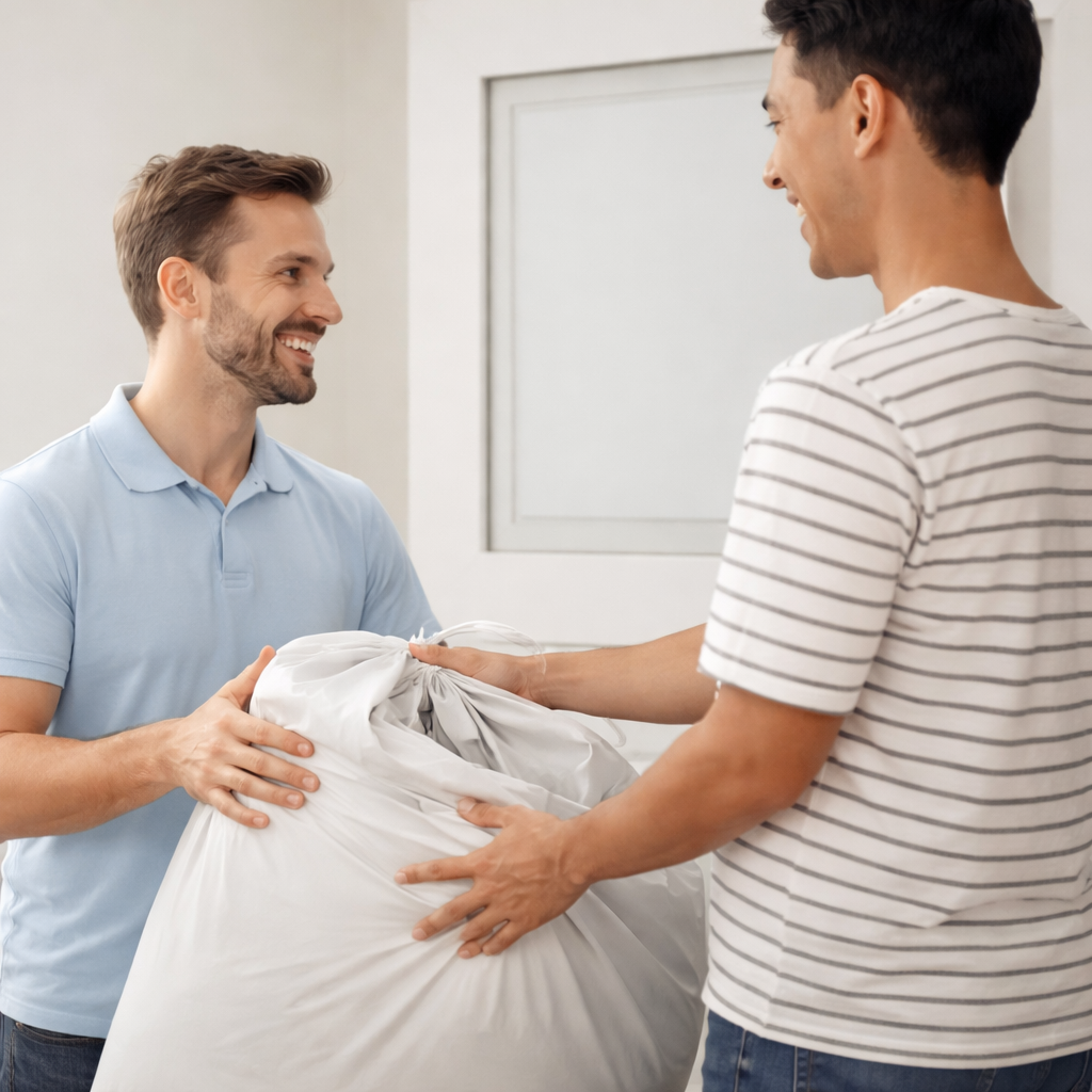 Two men are smiling and exchanging a bag of laundry inside a home, with one man wearing a light blue polo shirt and the other in a striped shirt.