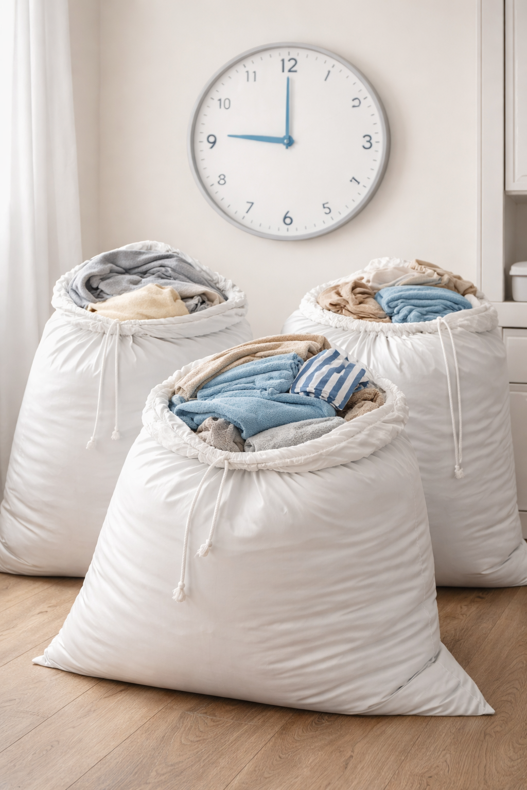 Three large white laundry bags filled with folded clean towels and clothing placed on a wooden floor in front of a white wall with a round wall clock showing 12:00 and a white curtain on the left side.