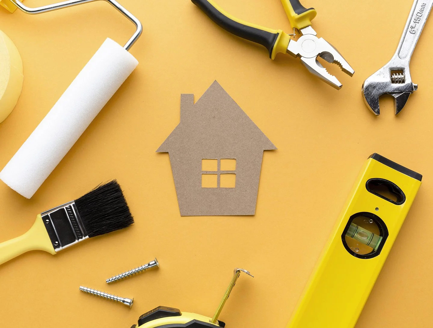 Tools and supplies on a yellow surface, including a paint roller, paintbrush, screwdriver, pliers, level, screws, utility knife, and a cardboard house shape with a window.