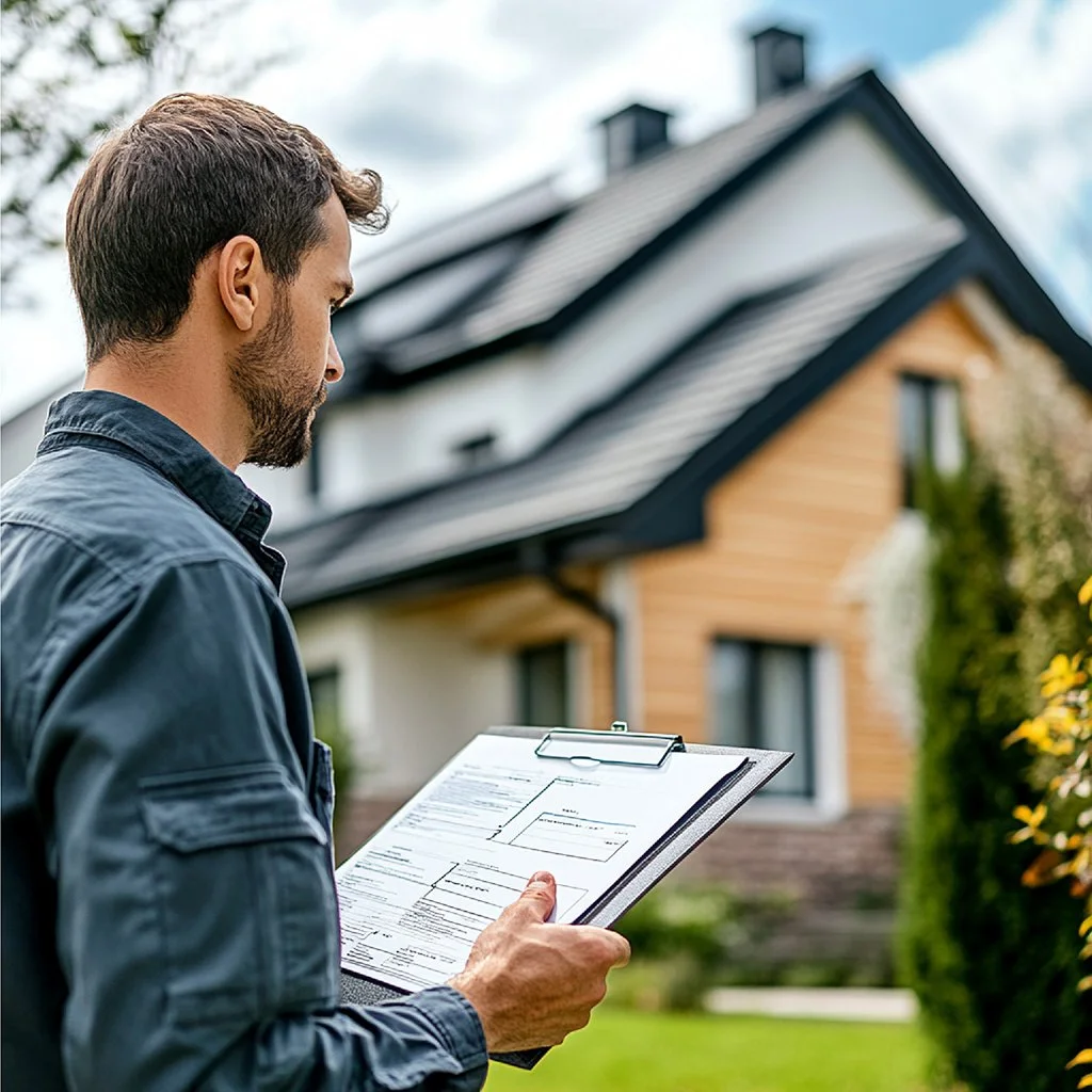 A man examining documents on a clipboard in front of a modern house.