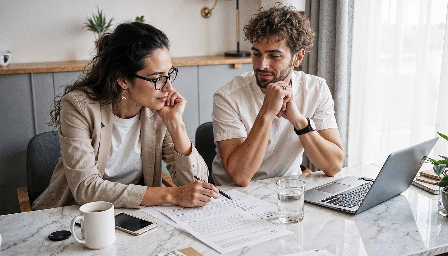 Two people, a woman with glasses and a man, sit at a table looking at documents, with a laptop, coffee, and water in front of them.