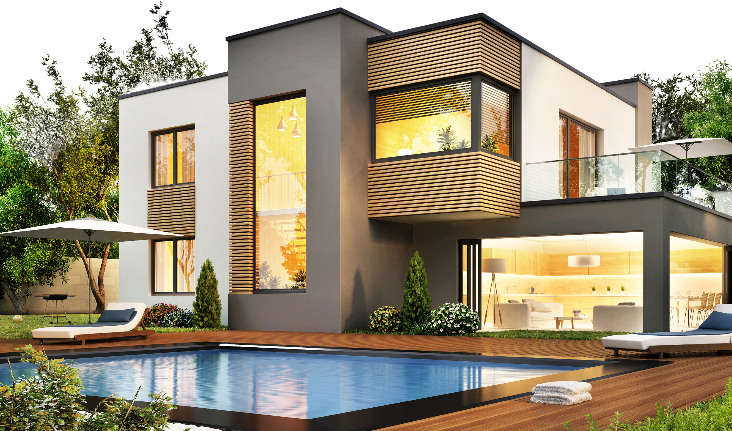 Modern two-story house with a rooftop pool, outdoor lounge chairs, umbrella, and large glass windows, surrounded by greenery.