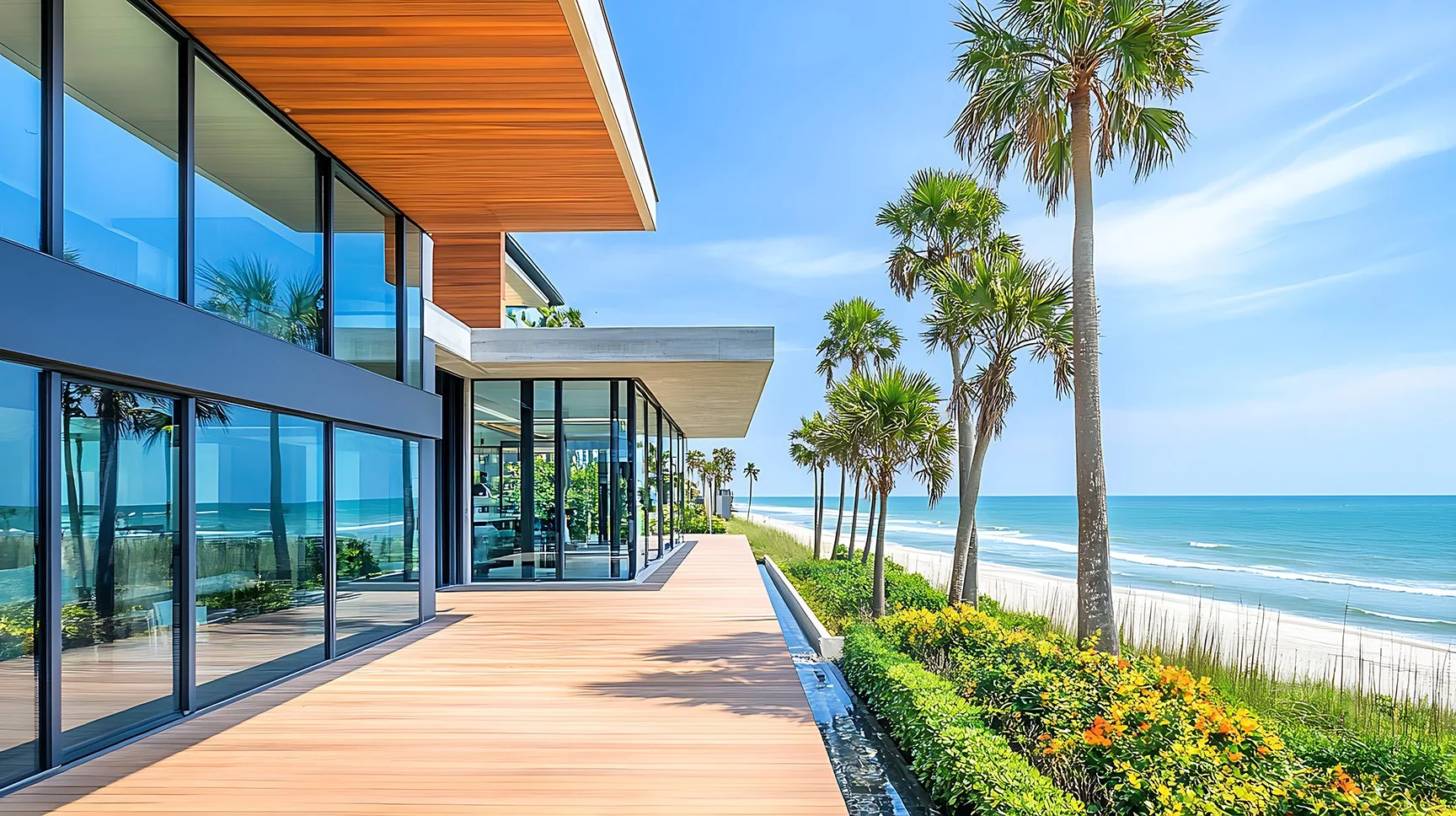 Modern beachfront house with large glass windows, a wooden deck, and tall palm trees overlooking the ocean under a blue sky.