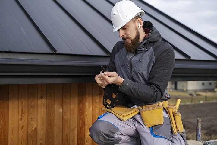 A construction worker with a beard, wearing a white hard hat, black and gray jacket, and gray work pants with a yellow tool belt, is standing outside a building with a sloped metal roof. He is looking at his phone.