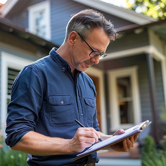 A middle-aged man with gray hair and glasses, wearing a blue button-up shirt, is writing on a clipboard outside in front of a house.
