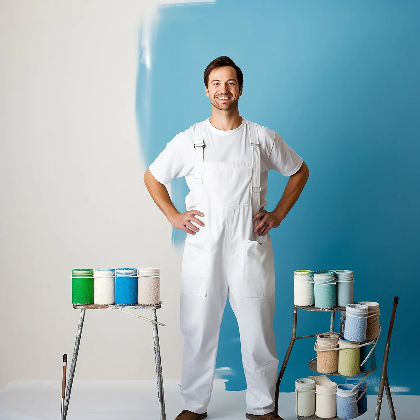 Man in white painter's overalls standing with hands on hips, smiling, surrounded by paint cans and brushes, with a blue and white painted wall background.