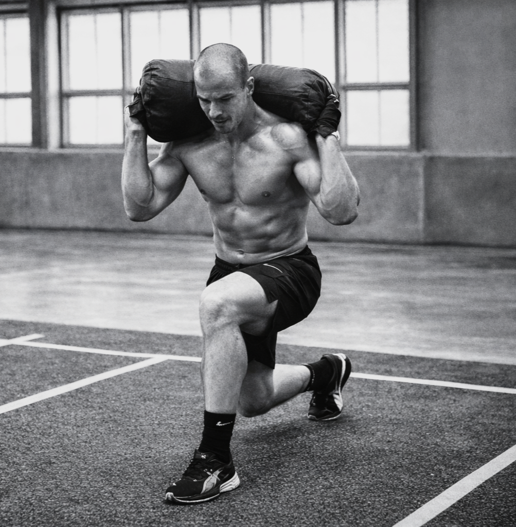 A muscular man in black shorts and running shoes is in a gym performing a lunge exercise, carrying a large bag on his shoulders.