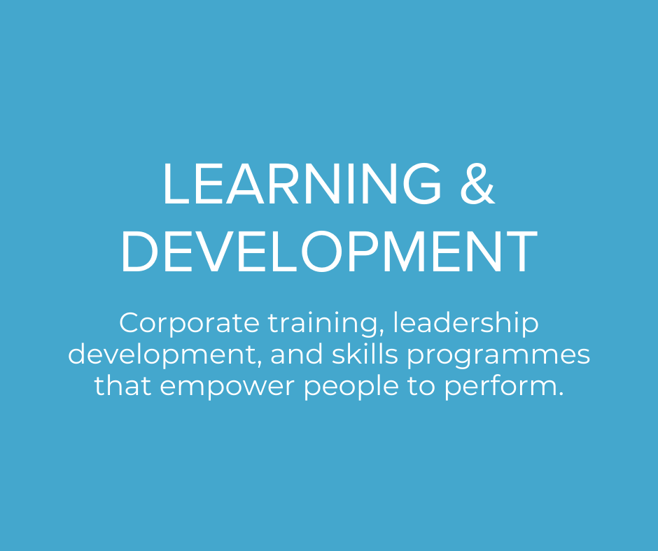 Blue background with white text that reads "Learning & Development" and a description about corporate training, leadership development, and skills programs.