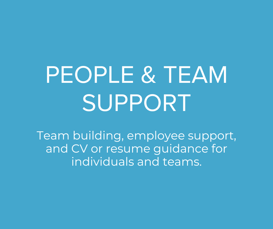 Blue background with white text reading 'People & Team Support' and additional description about team building, employee support, and resume guidance for individuals and teams.