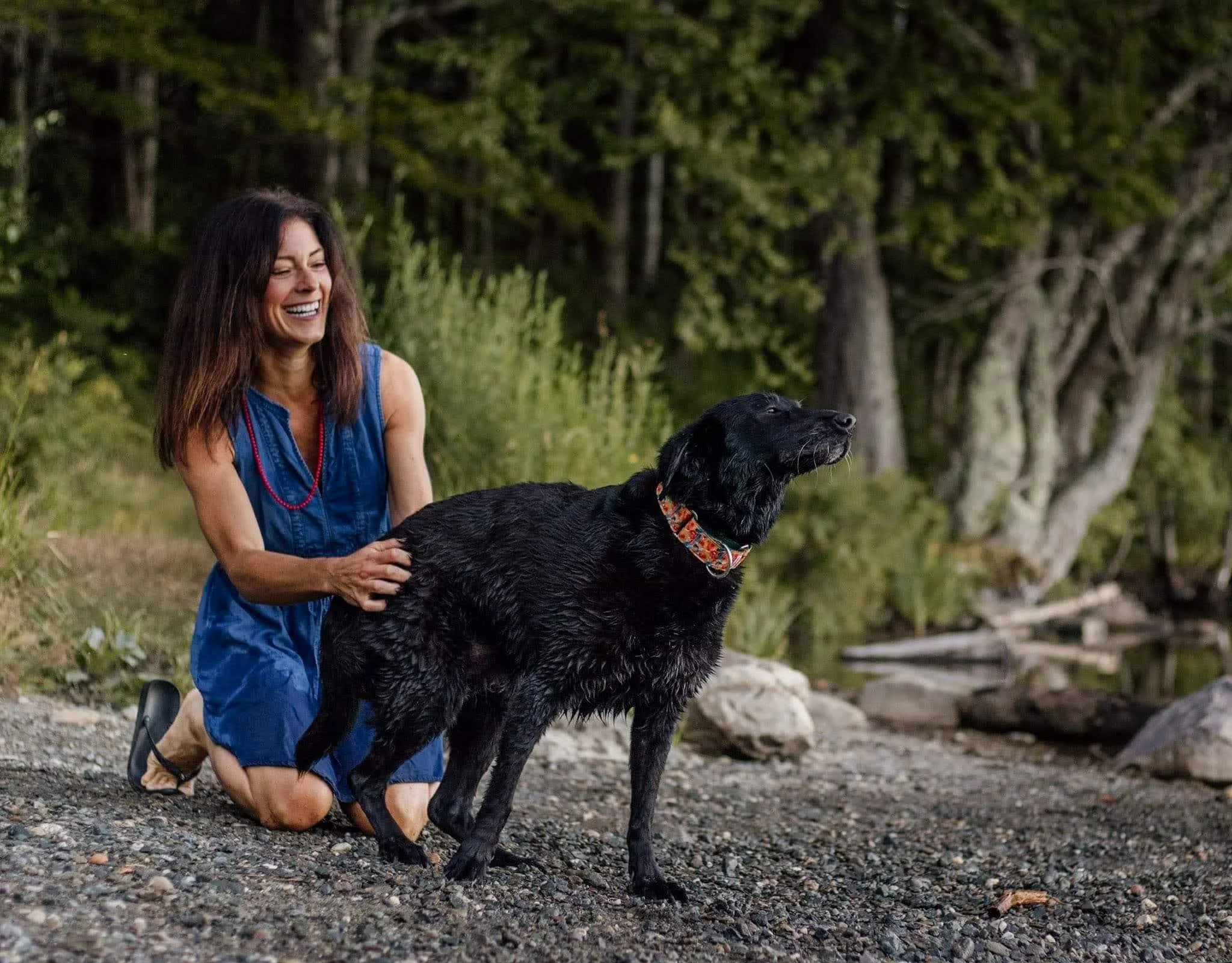 A woman kneeling on a rocky shoreline, petting a wet black dog, with a forested background.