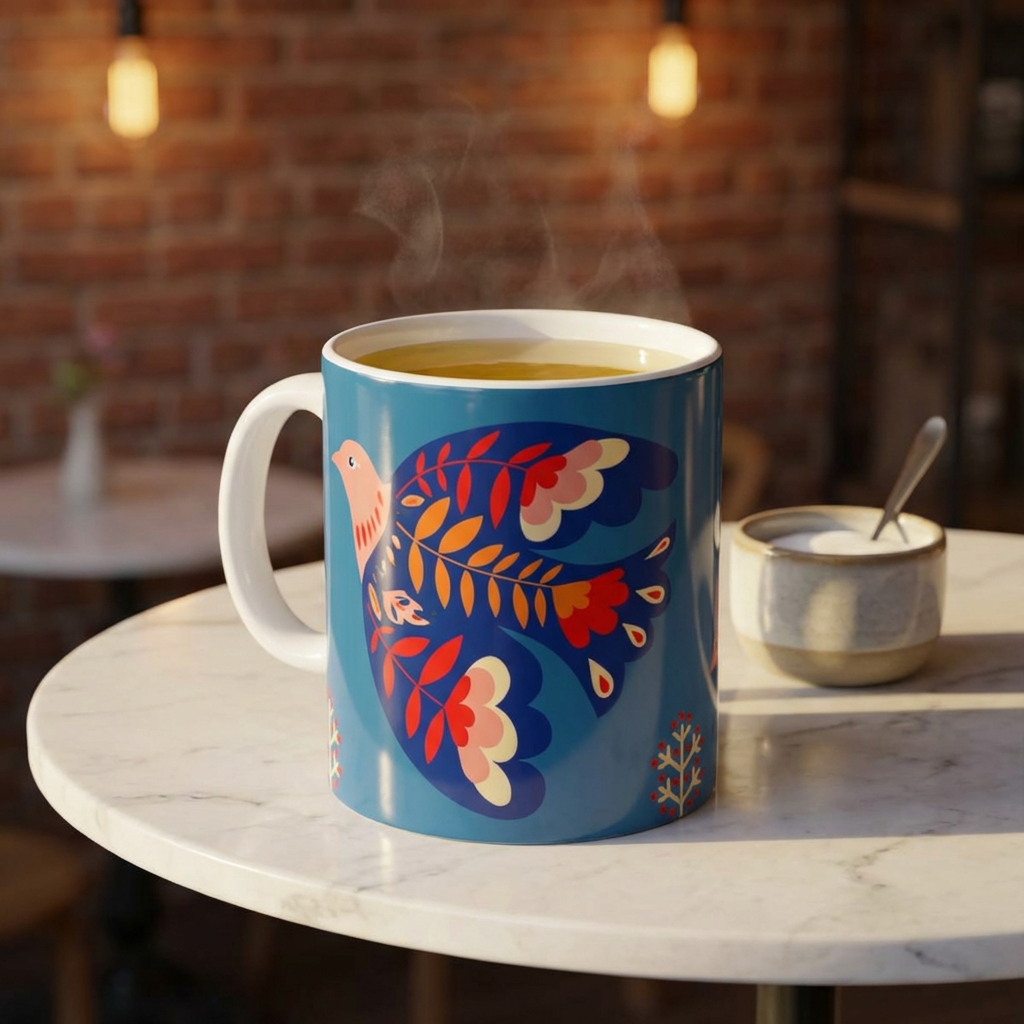 A blue mug with a colorful bird designed by Michigan artist available for sale on www.emwilsonart.com
