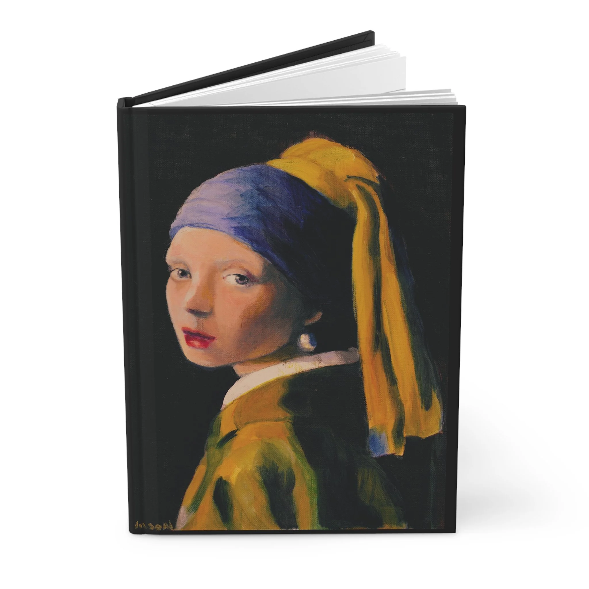 A hardcover lined journal featuring an original study painting of Vermeer's Girl With A Pearl Earring by Erin Wilson.