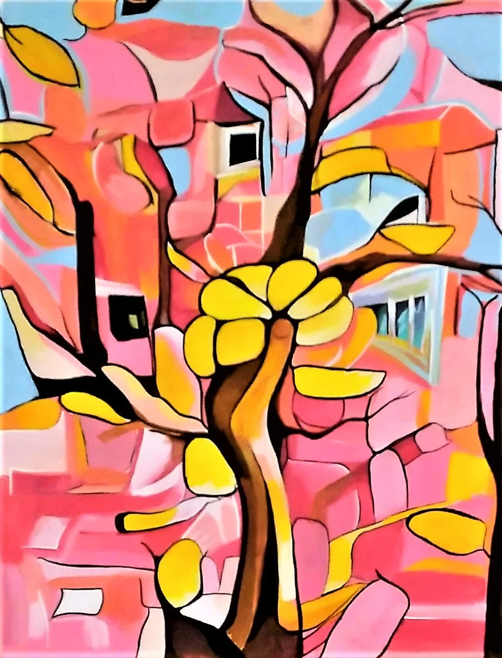 Acrylic abstract painting of a spring garden in pink