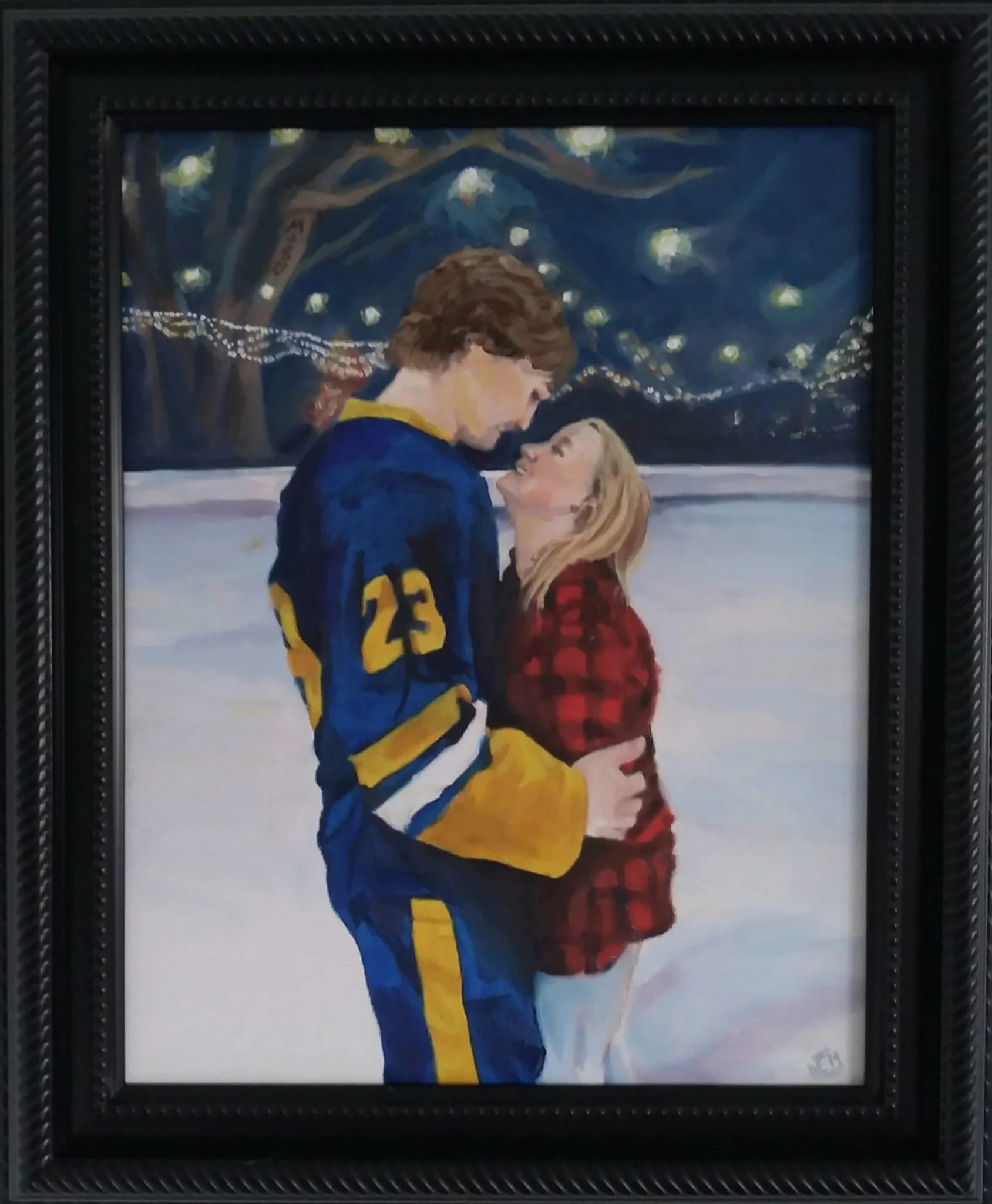 Oil Portrait of young couple at ice rink